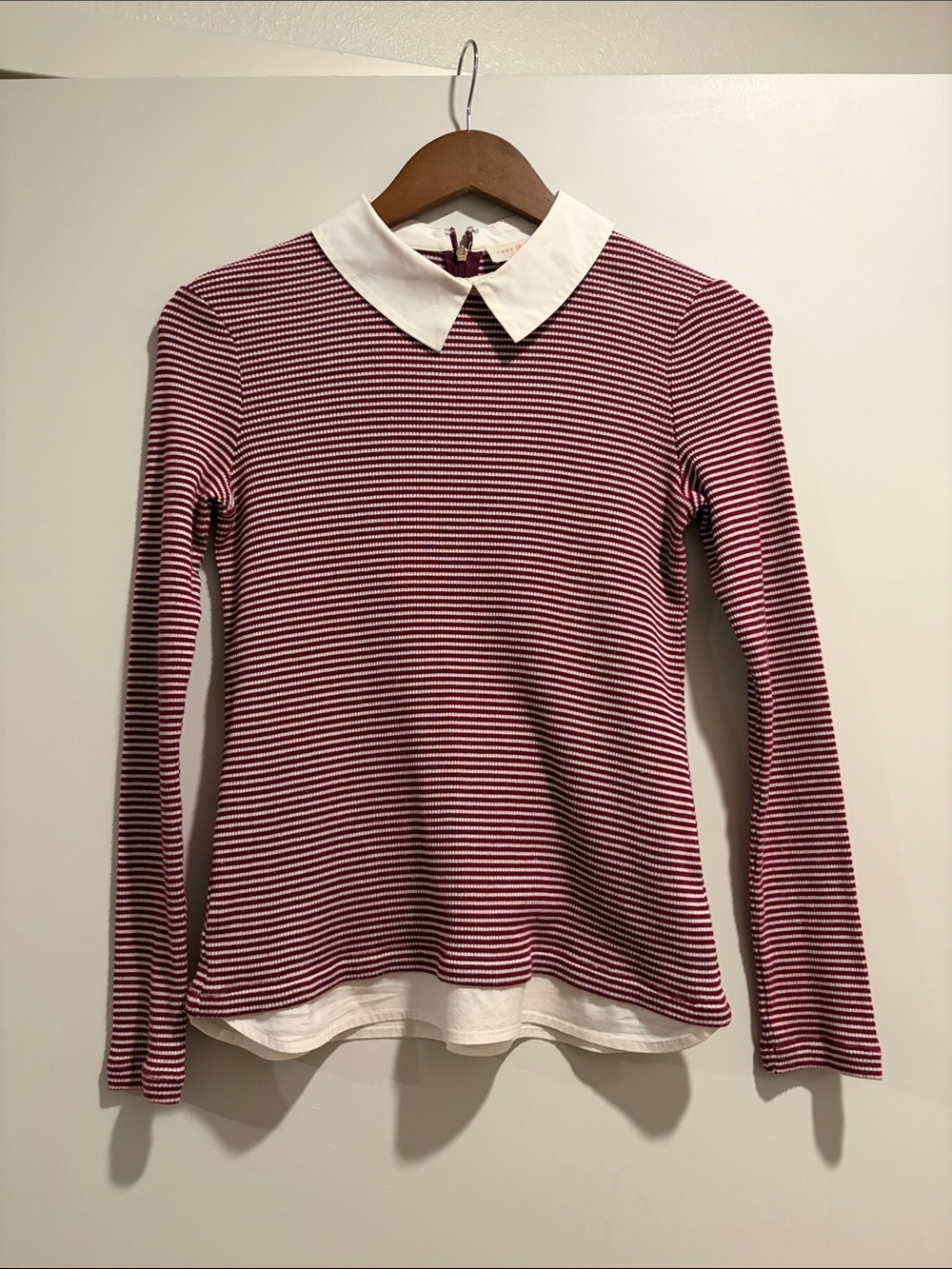 Tory Burch Pink and White Striped Long-Sleeve Top with White Collar
